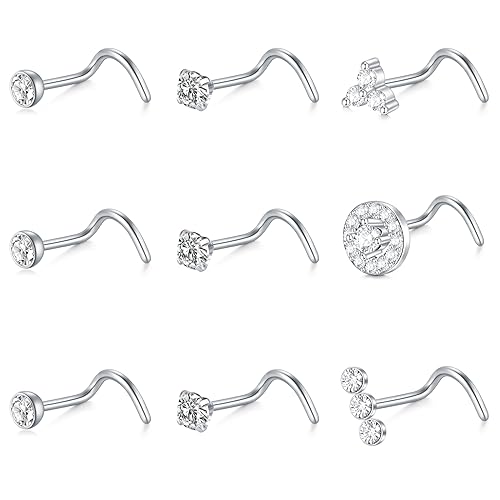 Mayhoop 20G Nose Rings Studs 316L Surgical Stainless Steel L Shape Bone Diamond Heart Corkscrew Nose Ring Nostril Piercing Jewelry For Women Men - color: Screw-Silver-A
