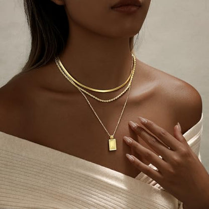 Layered Gold Silver Necklaces for Women, Stackable Stack 14K Real Gold Plated Silver Chain Necklace Diamond Circle CZ Layering Pendant Necklaces Trendy Gold Jewelry Set Gifts - color: gold, style: 3PC-Rectangle