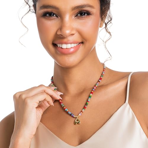 YOUFENG Initial Letter Necklaces for Women Colorful Beaded Gemstone Choker 14K Gold Plated Bubble Letter Pendant Necklace Natural Stone Handmade Jewelry Gift - color: O