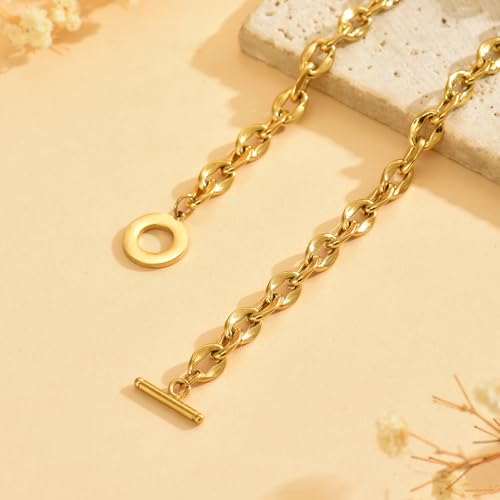 Chunky Gold Necklace for Women, 18K Gold Plated Paperclip, Figaro Link Chain Necklace, Toggle Clasp Necklaces, Trendy Non Tarnish Jewelry, Christmas Gifts - style: 6mm Cable Toggle 16.5''-Gold