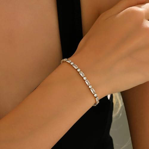 18K Gold Plated Multi-Color Classic Tennis Bracelet for Women Dainty Color 3mm Rainbow Cubic Zirconia Bracelet Adjustable CZ Gold Bracelets Trendy Summer Jewelry Gift - style: White-Gold