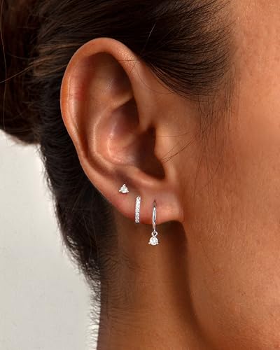 Freekiss 3 Pairs Hoop Earrings Set - Dainty Stud Dangle Cartilage for Women | Hypoallergenic Earrings, Cubic Zirconia Stackable Trendy Small Set Jewelry Gifts for Women - style: 3CZ rounded stud earrings-SL