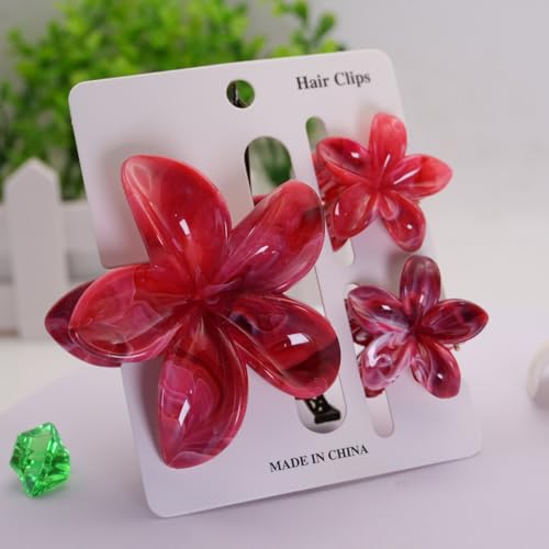 Flower Hair Clips for Women Girls Cute Claw Clips Set Wine-Red Plumeria with Marble Design Barrettes Summer Hair Clip Fashion Hair Styling Accessories for Thick Thin Hair(3Pcs:1Large 2Small) - color: Wine-Red