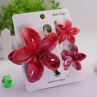 Flower Hair Clips for Women Girls Cute Claw Clips Set Wine-Red Plumeria with Marble Design Barrettes Summer Hair Clip Fashion Hair Styling Accessories for Thick Thin Hair(3Pcs:1Large 2Small) - color: Wine-Red