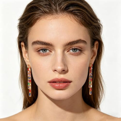 Rhinestone Earrings Dangling for Women Sparkly Silver Dangle Earrings Girls Long Chandelier Earrings Tassel Lightweight Ear Studs Cubic Zirconia (KE001S-W) - color: CZ01 Multicolor