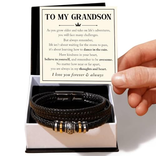 To My GrandSon Bracelet – Love You Forever Braided Leather Bracelet, Meaningful GrandSon Gift from Grandpa & Grandma with Heartfelt Message Card & Elegant Gift Box for Birthday, Christmas - color: Version#7