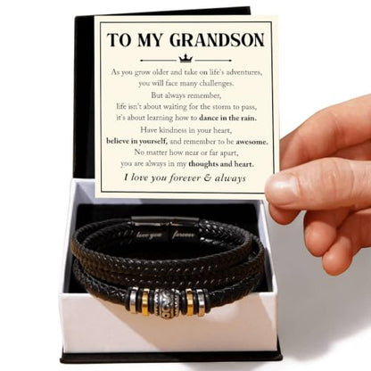 To My GrandSon Bracelet – Love You Forever Braided Leather Bracelet, Meaningful GrandSon Gift from Grandpa & Grandma with Heartfelt Message Card & Elegant Gift Box for Birthday, Christmas - color: Version#7