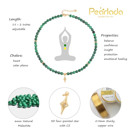 PEARLADA Turquoise Beaded Choker Necklace Chakra Stone Necklace Adjustable - color: Malachite Beads 6mm
