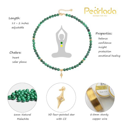 PEARLADA Turquoise Beaded Choker Necklace Chakra Stone Necklace Adjustable - color: Malachite Beads 6mm