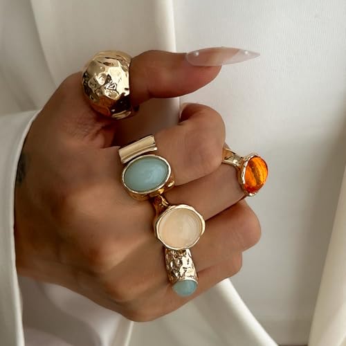 Chunky Rings for Women Stackable Vintage Adjustable Rings for Women Gold Statement Stone Ring Set Non Tarnish Vintage Jewelry - style: Gold 4