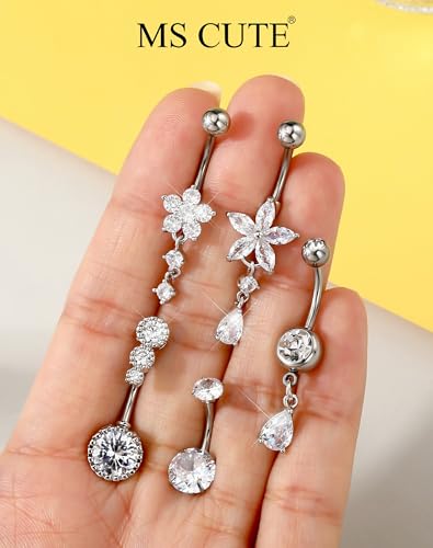 5PCS Belly Button Rings for Women Girls, 14G Surgical Steel Navel Rings Set, Gold & Silver CZ Dangle Body Piercing Jewelry - color: Silver-Flower