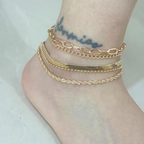 Adjustable Waterproof Layered Bracelets for Women Summer Beach Cuban Link Chain Anklets Set Herringbone Paperclip Beaded Snake Chain Stackable Anklet Stainless Steel Jewelry Bracelet - color: 5PCS-Gold