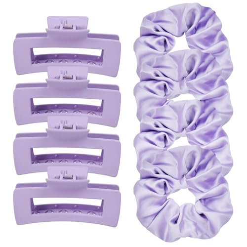 8pcs Purple Hair Clips Scrunchies Set - Medium Hair Claw Clips for Women, Satin Hair Scrunchies for Thick Thin Hair Accessoties, Non-Slip Matte Hair Claws, Party, Birthday Gifts, Lilac - color: Light Lilac Purple