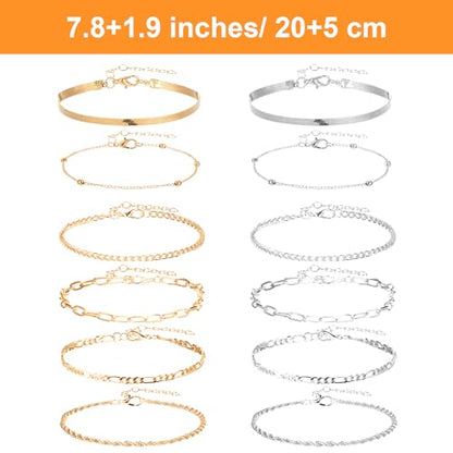 Ankle Bracelets for Women 12 Pcs Gold/Silver Plated Layered Cuban Link Chain Anklets Set Summer Boho Jewelry Anklets - style: 10 Chains & 2 Round Chains