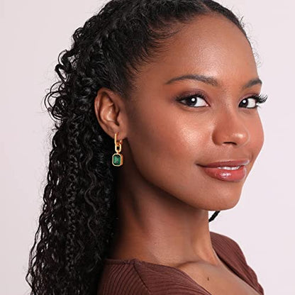 Birthstone Crystal Dangle Drop Earrings, 18K Gold Plated Huggie HoopEarring | Hypoallergenic Earring Jewelry Gifts for Women, Birthdays, anniversaries, weddings - color: Green-1
