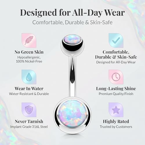 14GA Surgical Steel & Synthetic Opal Resin Belly Button Rings for Women | 3/8" Length, 5mm x 8mm Ball, Classic Look, Super High Quality - style: 1- Opal White