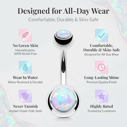 14GA Surgical Steel & Synthetic Opal Resin Belly Button Rings for Women | 3/8" Length, 5mm x 8mm Ball, Classic Look, Super High Quality - style: 1- Opal White