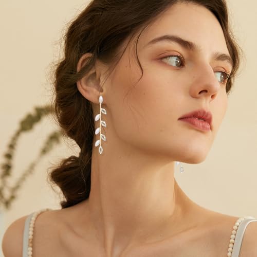 Gold/Silver Clip on Earrings Non Pierced for Women - 14K Gold Plated Long Tasse Drop Dangle Clip Earrings - Cubic Zirconia Leaf Earrings for Women Gold Wedding Jewelry Gifts - color: Gold-pearl