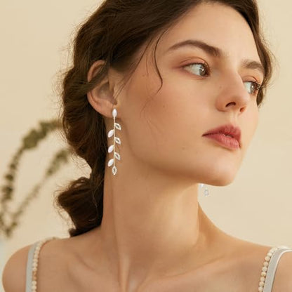Gold/Silver Clip on Earrings Non Pierced for Women - 14K Gold Plated Long Tasse Drop Dangle Clip Earrings - Cubic Zirconia Leaf Earrings for Women Gold Wedding Jewelry Gifts - color: Gold-pearl