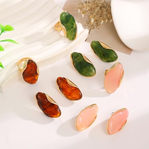 Colorful Chunky Earrings Ring for Women, Resin Boho Large Oval Acrylic Finger Ring Statement Stainless Steel Adjustable Rings Beach Summer Jewelry Gift - color: Pink Set