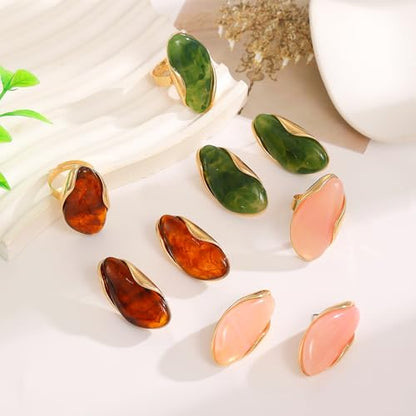 Colorful Chunky Earrings Ring for Women, Resin Boho Large Oval Acrylic Finger Ring Statement Stainless Steel Adjustable Rings Beach Summer Jewelry Gift - color: Pink Set