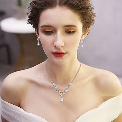 EleQueen Women's Wedding Bridal Jewelry Set for Brides Bridesmaids, Silver/14K Gold/Rose Gold Plated Cubic Zirconia Teardrop Necklace Dangle Earrings Bracelet Sets for Party Prom - color: 01-Silver-Necklace+Earrings+Bracelet
