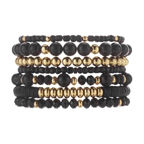 7/12Pcs Set Bohemian Stackable Crystal Seed Beaded Elastic Stretch Bracelet Multilayerd Handmade Brass Bead for Women Jewelry Surfer Heishi Polymer Clay Layering - color: black