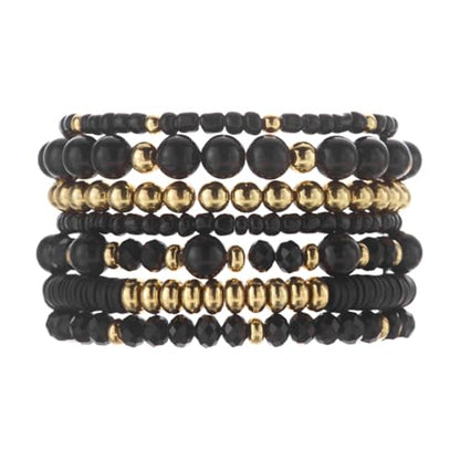 7/12Pcs Set Bohemian Stackable Crystal Seed Beaded Elastic Stretch Bracelet Multilayerd Handmade Brass Bead for Women Jewelry Surfer Heishi Polymer Clay Layering - color: black
