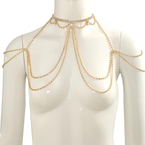 Sexy Rhinestone Shoulder Body Chain Jewelry,Multi-layered Waterdrop Rhinestone Bridal Back Chain Necklace Sexy Festival Rave Crystal Shoulder Chain Wedding Backdrop Jewelry for Women - style: Gold