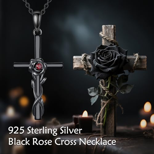 Halloween Necklace 925 Sterling Silver Black Rose Rib Cage Heart Pendant Necklace Halloween Jewelry Gifts for Women Gothic Party - style: Cross