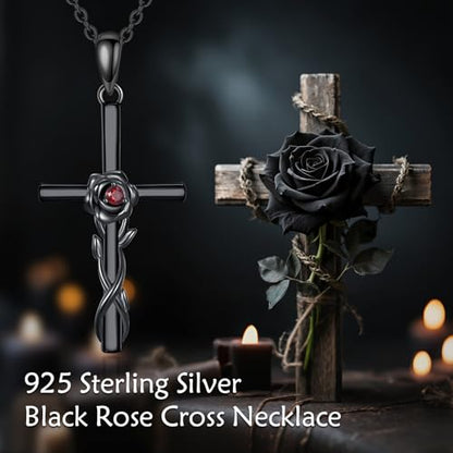 Halloween Necklace 925 Sterling Silver Black Rose Rib Cage Heart Pendant Necklace Halloween Jewelry Gifts for Women Gothic Party - style: Cross