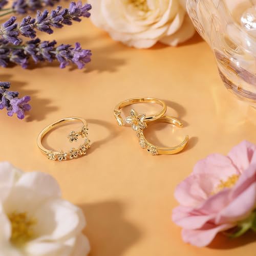Mikovivi 3 Pcs Flower Toe Rings for Women, Gold-Tone Open Adjustable Band Toe Rings Set Bohemian Summer Beach Foot Jewelry Accessories