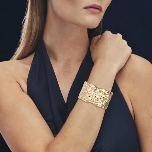 HZMAN Chunky Gold Cuff Bracelets for Women Thick Wide Bangle Bracelet Hammered Open Hinge Wrist Cuff Bracelet Jewelry Gift - color: 12.Meteorite Shaped Gold 7In