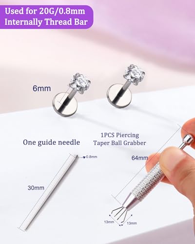 2PCS 20G/18G/16G Titanium Flat Back Nose Studs Internally Thread Cartilage Earring Studs Clear CZ Helix Tragus Earrings for Women Medusa Labret Stud Conch Piercing Jewelry Hypoallergenic - size: 0.8*6mm