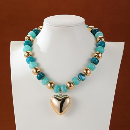 Resin Chunky Colorful Beaded Necklace | Adjustable Boho Statement Necklace,Summer Beach Party Jewelry - color: Heart+Teal