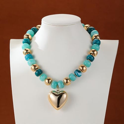 Resin Chunky Colorful Beaded Necklace | Adjustable Boho Statement Necklace,Summer Beach Party Jewelry - color: Heart+Teal