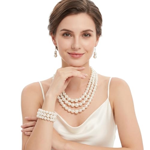 Jmkcoz 1920s Pearl Necklace Bracelet and Earrings Costume Jewelry Set for Women 80s Wedding Tea Party Gift