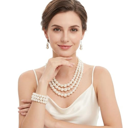 Jmkcoz 1920s Pearl Necklace Bracelet and Earrings Costume Jewelry Set for Women 80s Wedding Tea Party Gift