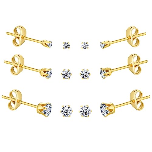 FOSIR 10 Pairs Tiny Womens Surgical Stainless Steel Clear Cubic Zirconia Stud Earrings, Hypoallergenic 316L Earrings Set - style: 2/3/4mm-9 pair-Gold