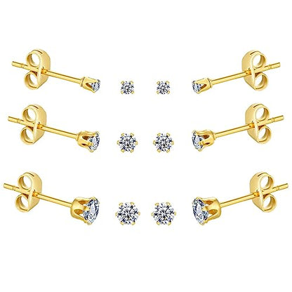 FOSIR 10 Pairs Tiny Womens Surgical Stainless Steel Clear Cubic Zirconia Stud Earrings, Hypoallergenic 316L Earrings Set - style: 2/3/4mm-9 pair-Gold