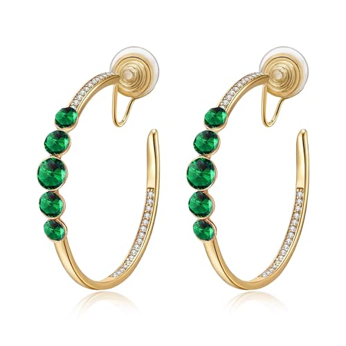 EVEVIC Austrian Crystal Hoop Clip On Earrings for Women | 14K Gold Plated,Silicone Comfort Pad,Versatile for Daily and Formal Occasions,Gift Box Included - color: Emerald