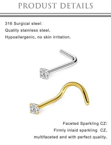 Hoeudjo Nose Studs Surgical Steel Nose Rings Studs 18G 20G 22G Cubic Zirconia 1.5mm 2mm 2.5mm 3mm Hypoallergenic Nostril Ring Screw & L-Shaped Nostril Piercing Jewelry for Women Men - color: silvertone+goldtone, size: 18g