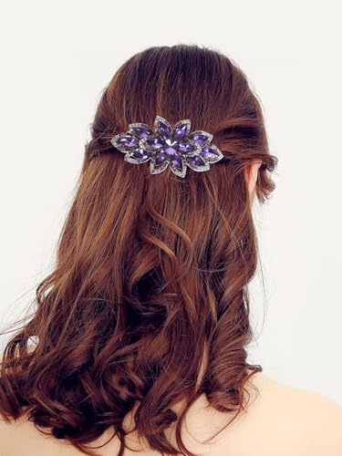 Floral Rhinestone Hairpin Luxury Crystal Flower Hair Barrette Clip (Purple) - color: Purple