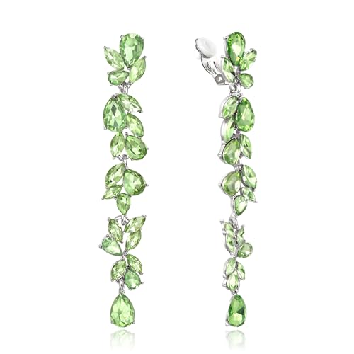 Crysdue Clip On Earrings for Women Rhinestone Crystal Teardrop Cluster Wedding Bridal Non Pierced Long Dangle Earring for Prom Party - color: Light Green Gold-Tone