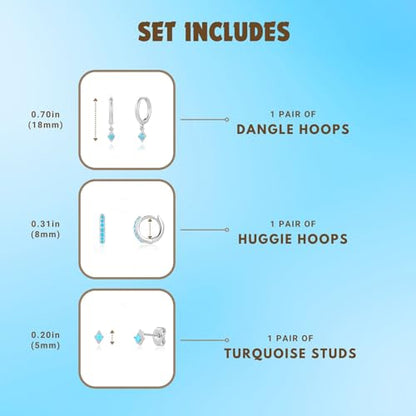 3 Pairs Mini Hoop Earrings Set Turquoise Cubic Zirconia Huggie Hoop Cartilage Earring Ear Cuff for Women (Turquoise/CZ) - color: *Turquoise-C