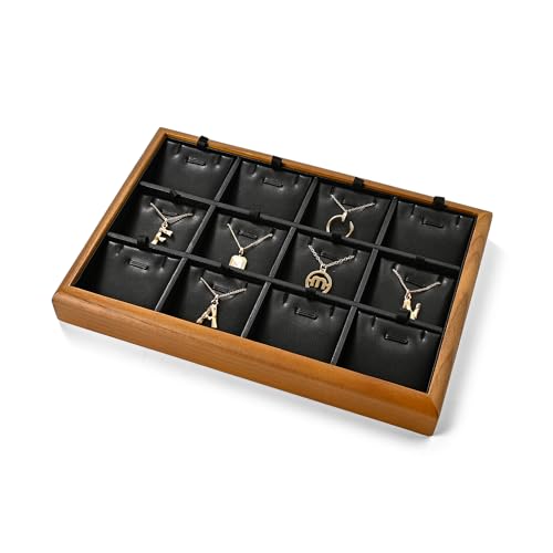 Oirlv Black Wood Jewelry Pendant Display Tray | Black Solid Wood Frame, Soft Leather Lining, 9.84X17X1.18in, Elegant Display, Perfect for Necklaces and Pendants - color: Black, size: 12 insert