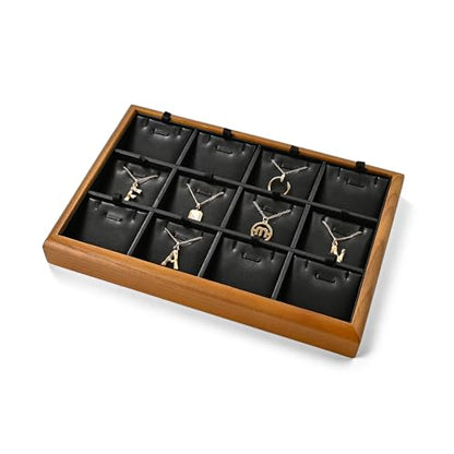 Oirlv Black Wood Jewelry Pendant Display Tray | Black Solid Wood Frame, Soft Leather Lining, 9.84X17X1.18in, Elegant Display, Perfect for Necklaces and Pendants - color: Black, size: 12 insert
