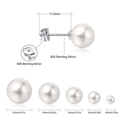 CUTEFEEL 4-12mm White Gold Plated Sterling Silver Pearl Stud Earrings | White Pearl Wedding Earrings Hypoallergenic Jewelry for Women - size: S-6mm