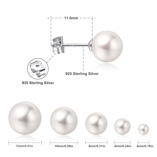 CUTEFEEL 4-12mm White Gold Plated Sterling Silver Pearl Stud Earrings | White Pearl Wedding Earrings Hypoallergenic Jewelry for Women - size: L-10mm
