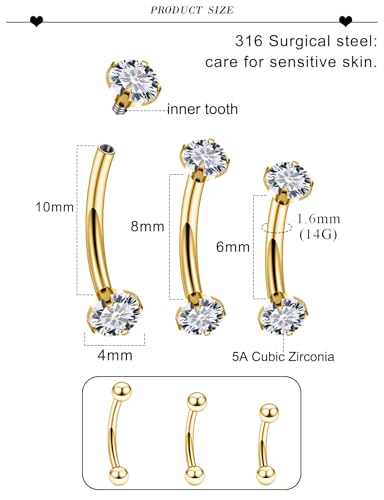 18G 16G 14G Eyebrow Ring Piercing Jewelry Surgical Steel Internal Thread Vertical Labret Lip Ring Rook Daith Earrings Belly Button Ring Piercing Jewelry for Women Men Silver Black Gold - color: Gold, size: 14 Gauge